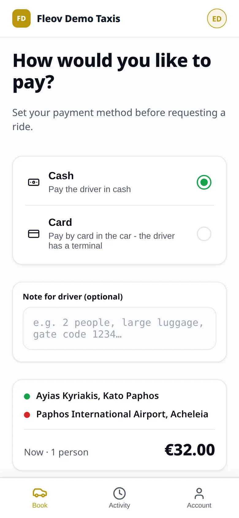 Passenger app: Cash selected as the payment method