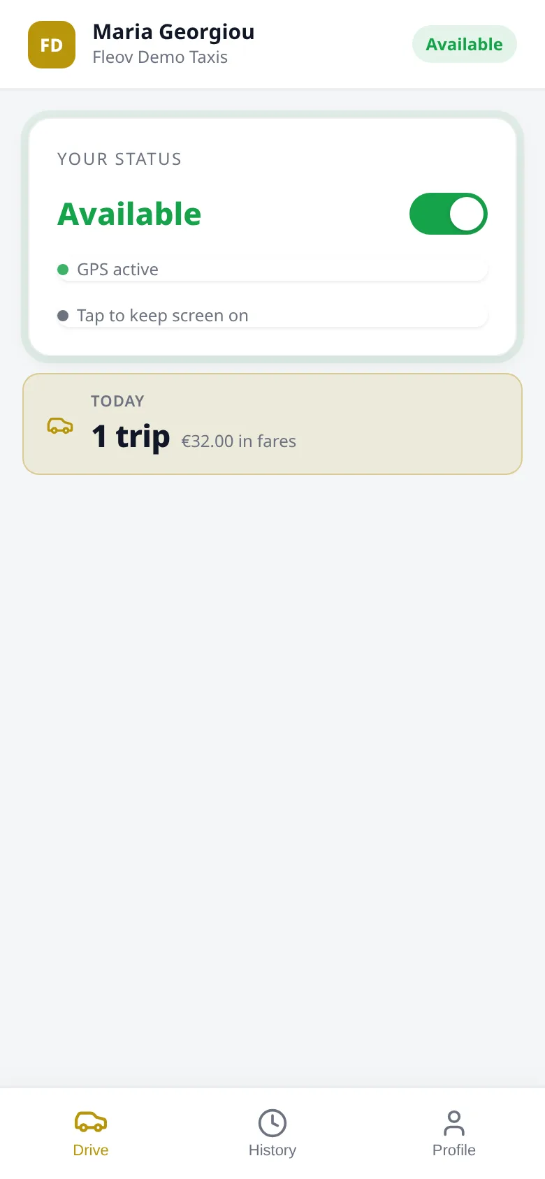 Driver app: today 1 trip, 32 euro in fares