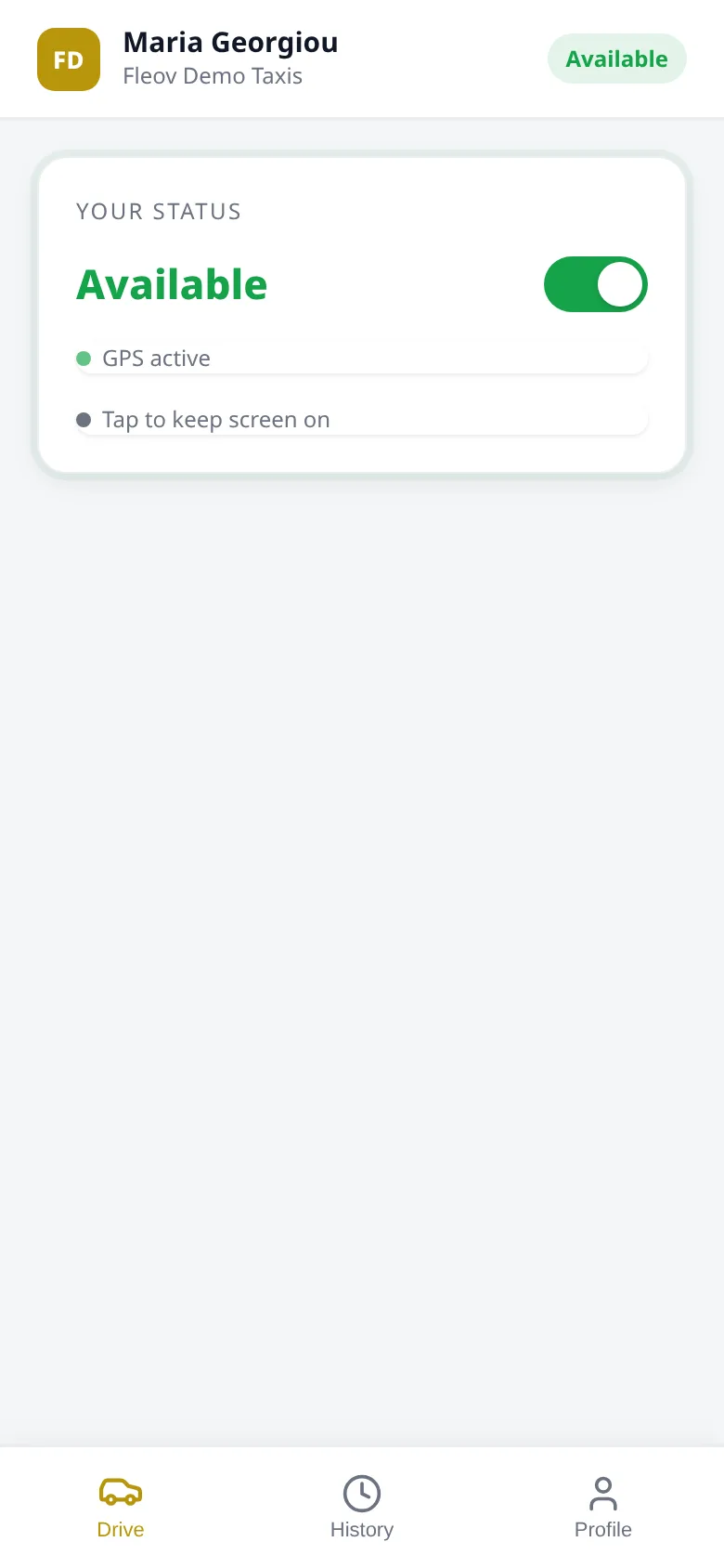 Driver app: available, GPS active