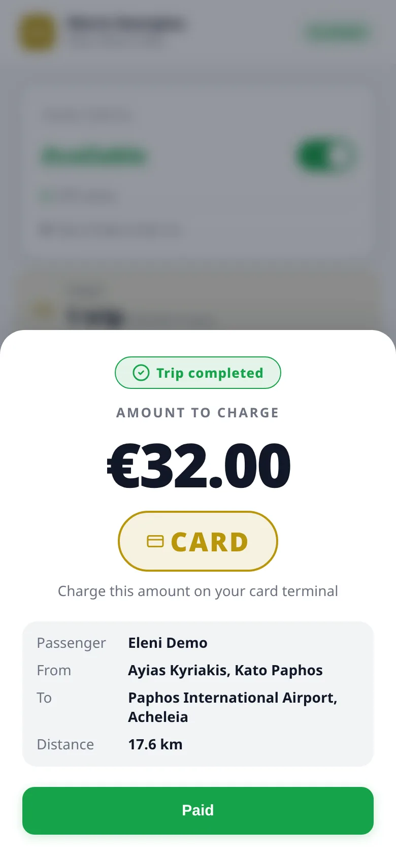 Driver app: trip completed, amount to charge 32 euro by card