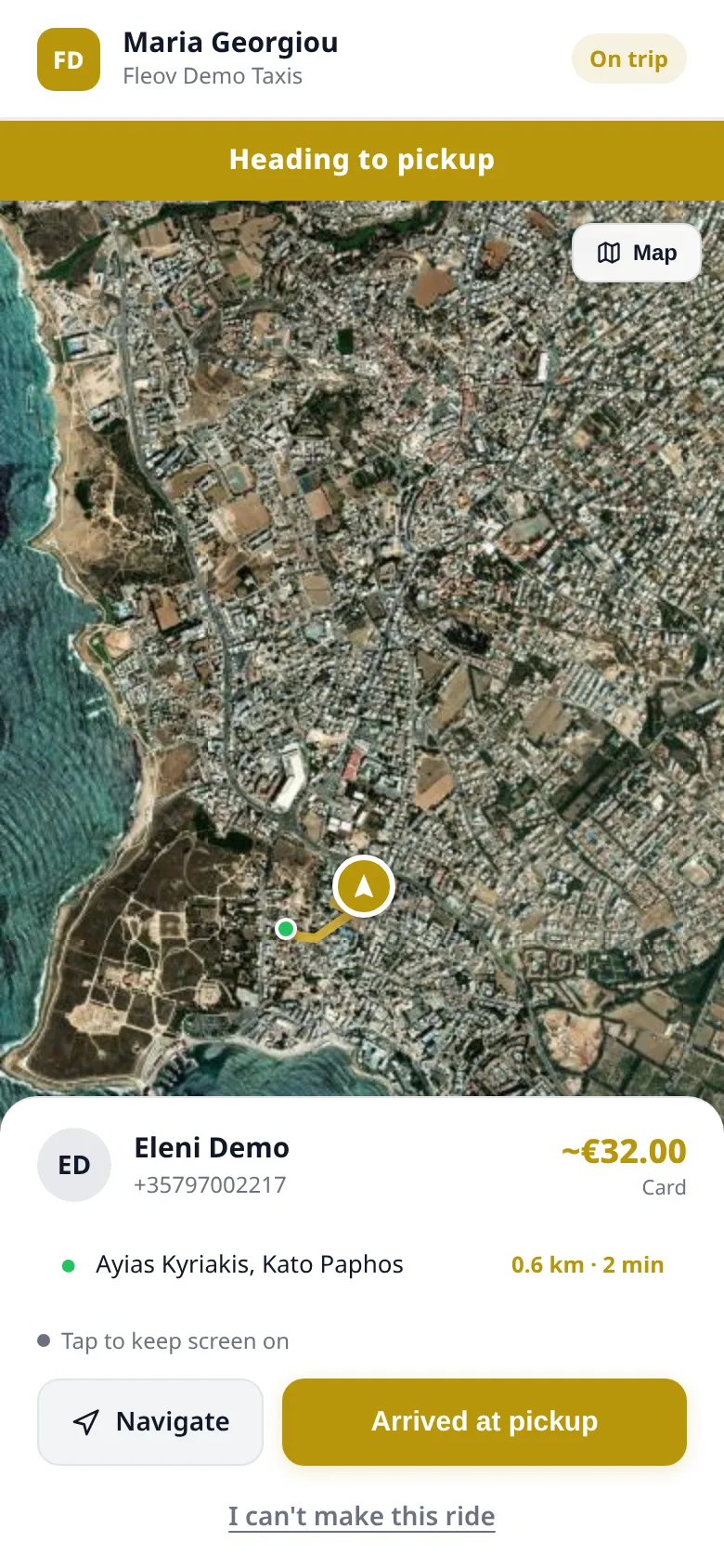 Driver app: heading to pickup on the map