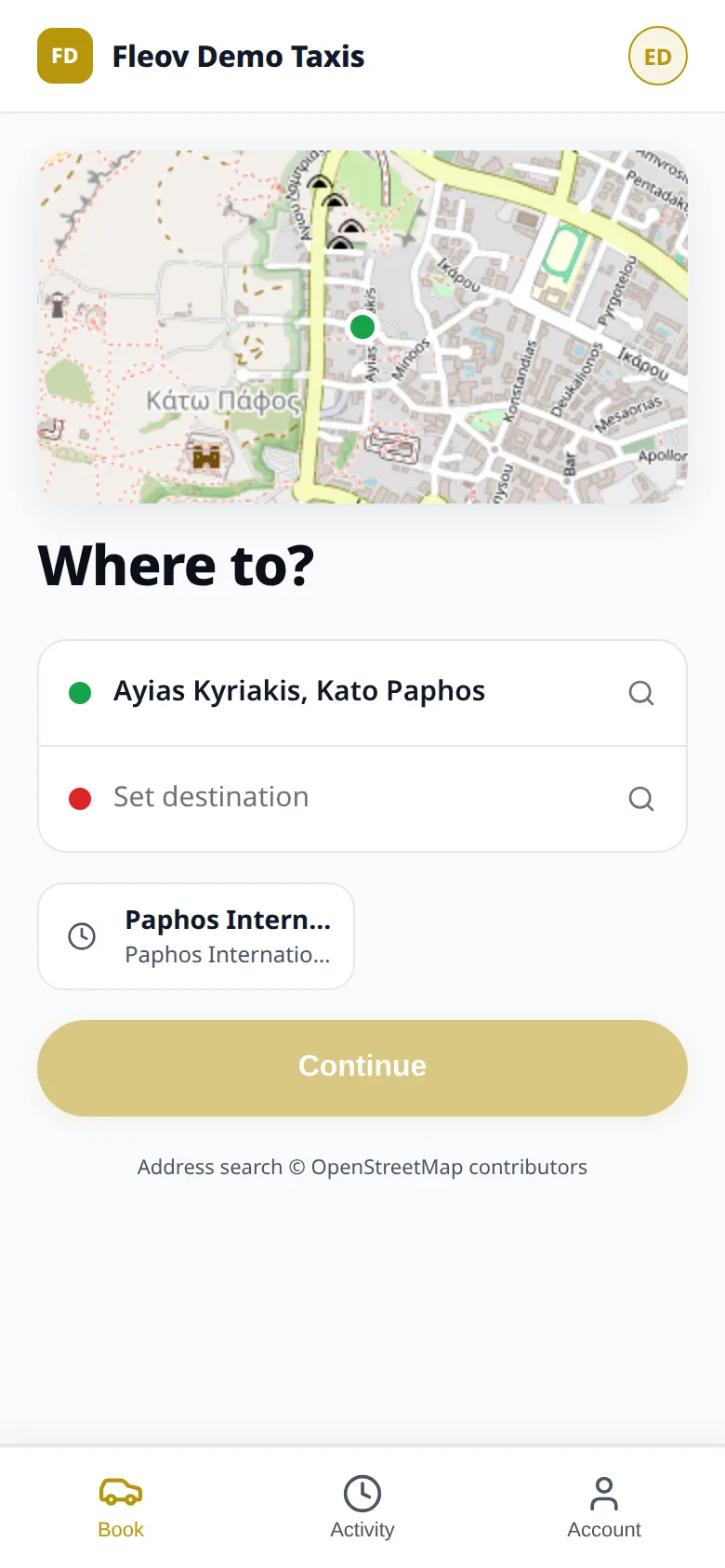 Passenger app: where to, with the pickup set from GPS