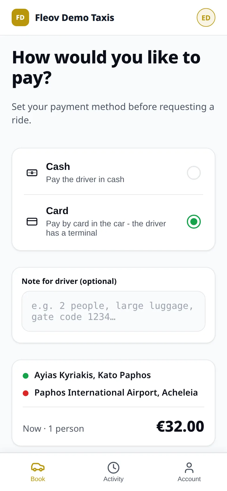 Passenger app: choose cash or card and add a note