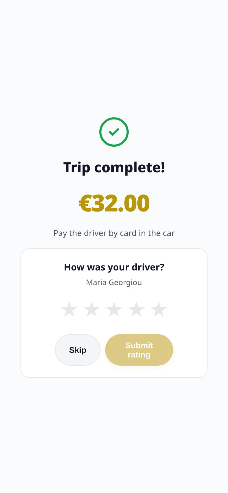 Passenger app: trip complete, rate your driver
