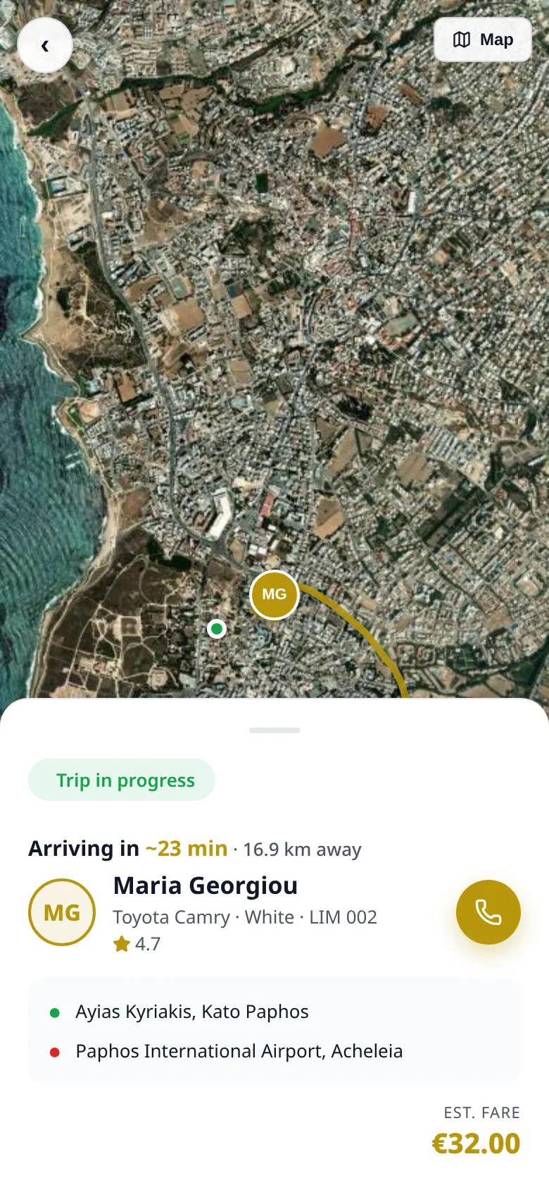 Passenger app: trip in progress on the map