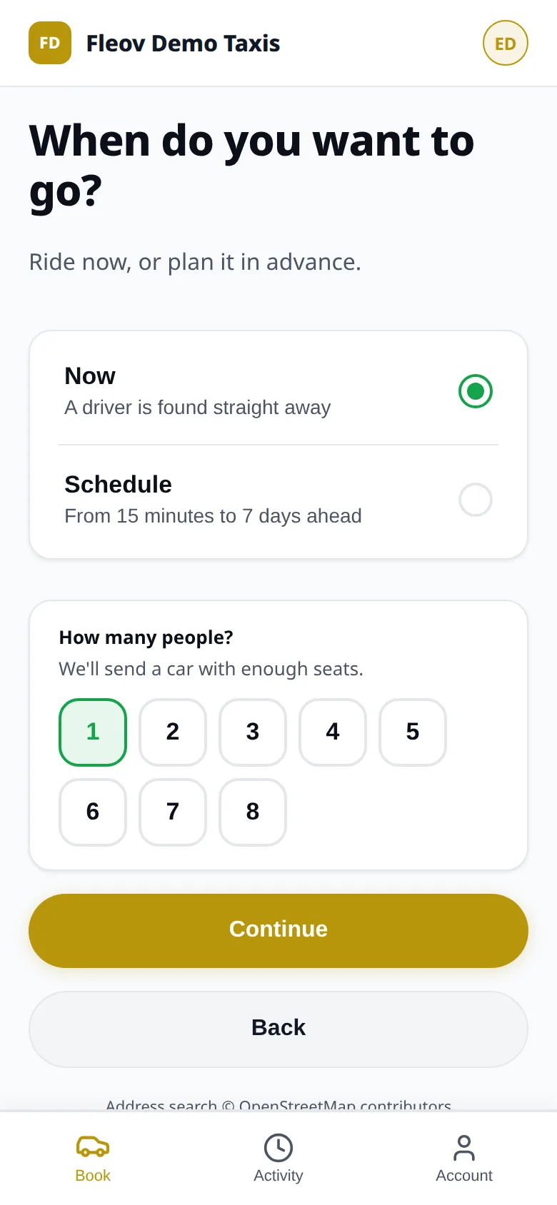 Passenger app: ride now or schedule, and number of people